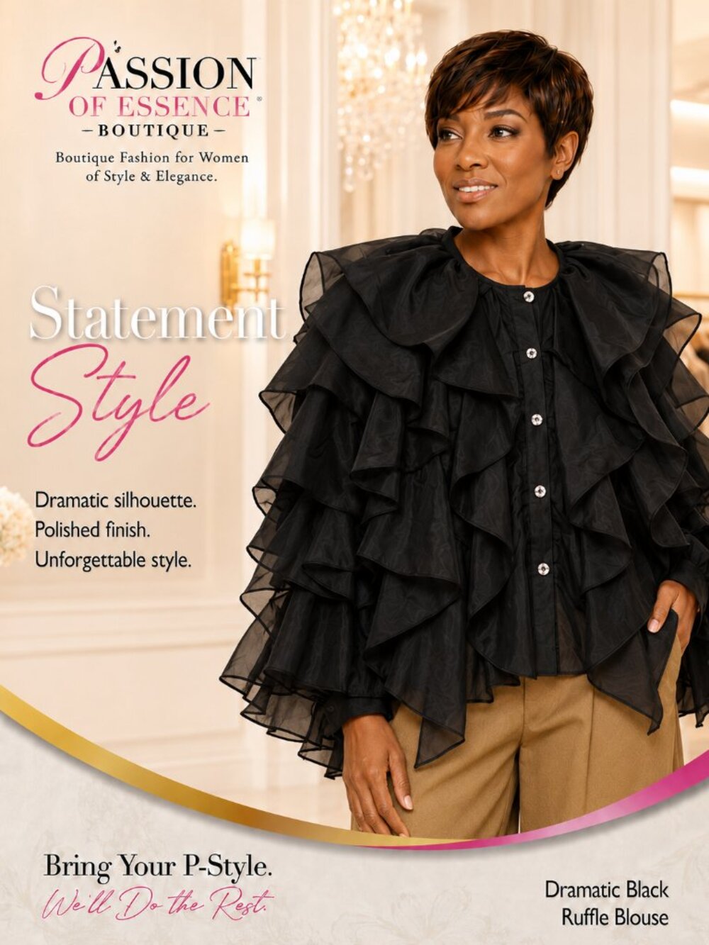 Dramatic Black Layered Ruffle Statement Blouse Women’s Size 14